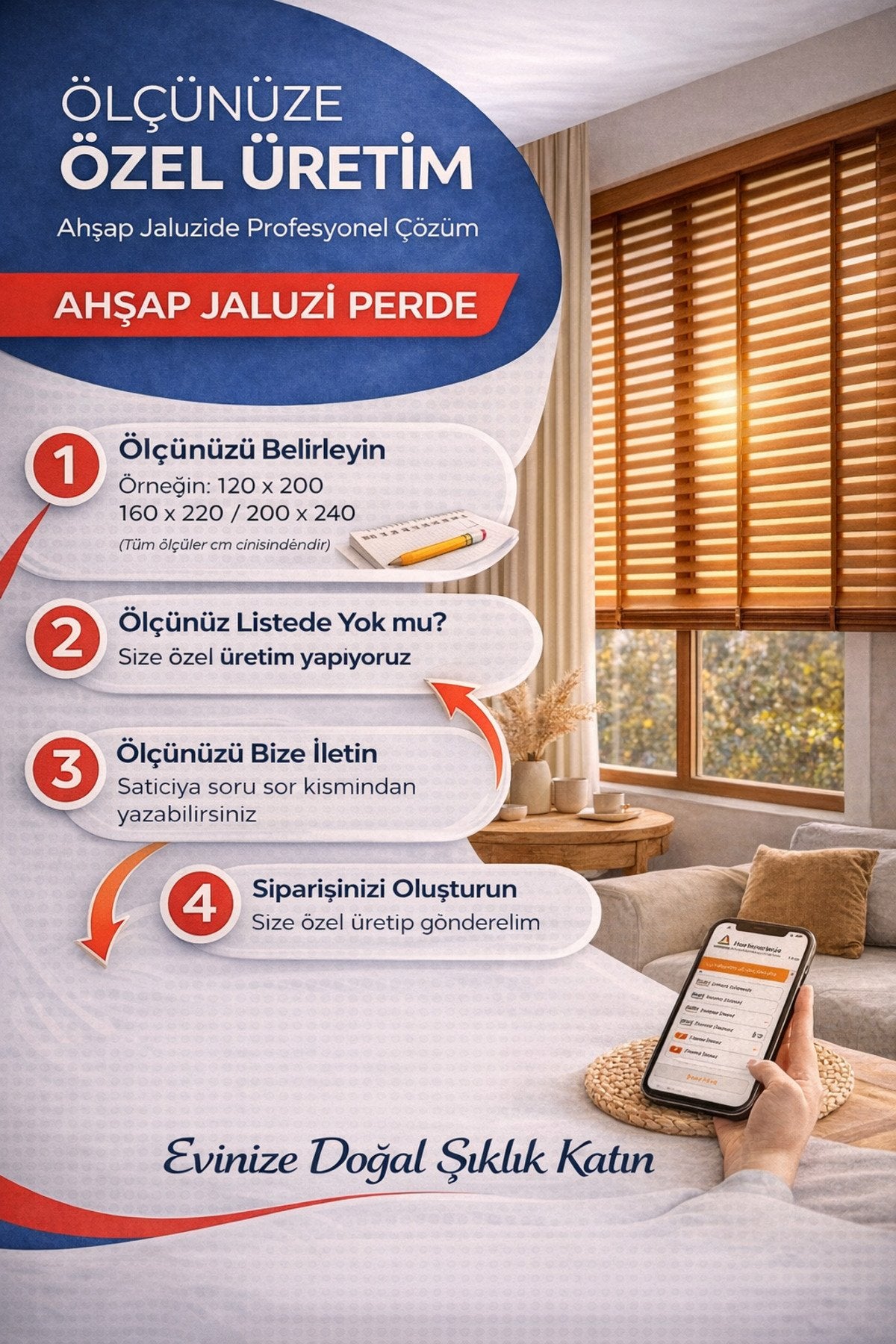 %100 GERÇEK AHŞAP JALUZİ PERDE - 50 MM – KURDELELİ - BEYAZ