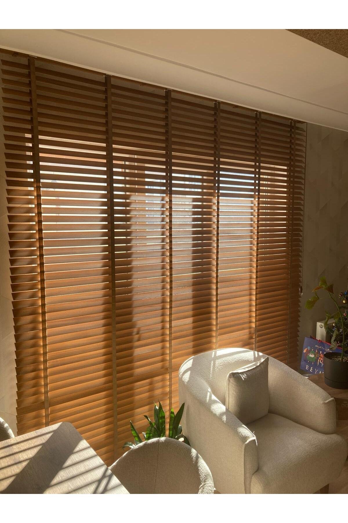 %100 GERÇEK AHŞAP JALUZİ PERDE - 50 MM – KURDELELİ - AÇIK CEVİZ