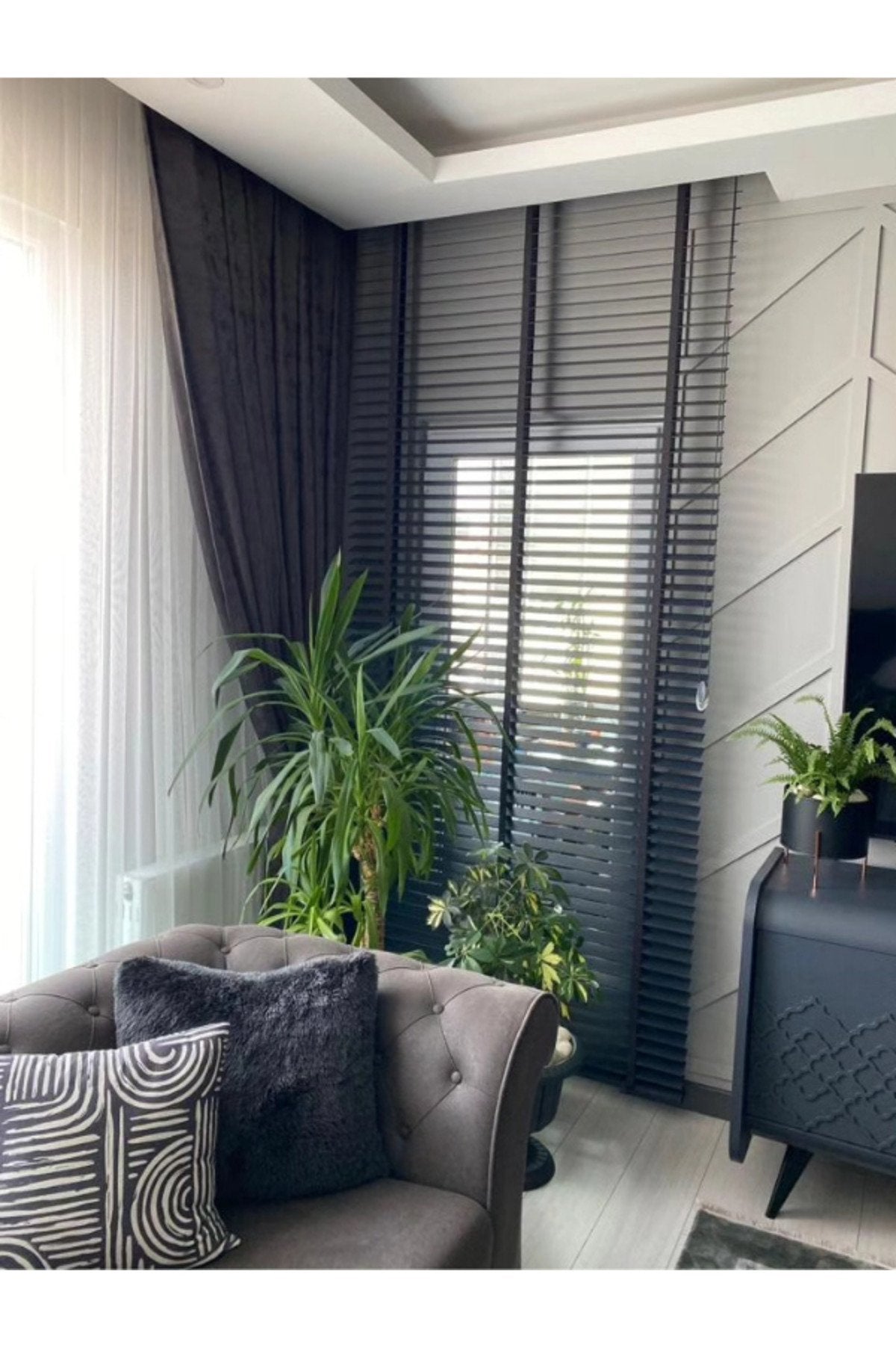 %100 GERÇEK AHŞAP JALUZİ PERDE - 50 MM – KURDELELİ - ANTRASİT