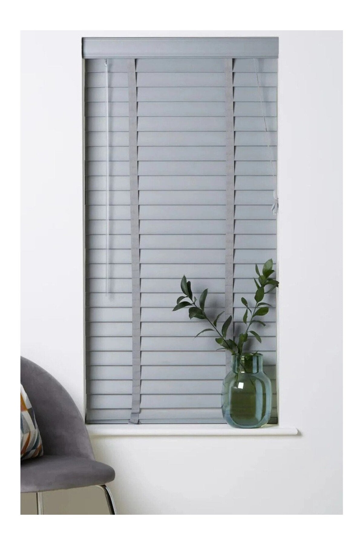 %100 GERÇEK AHŞAP JALUZİ PERDE - 50 MM – KURDELELİ - GRİ