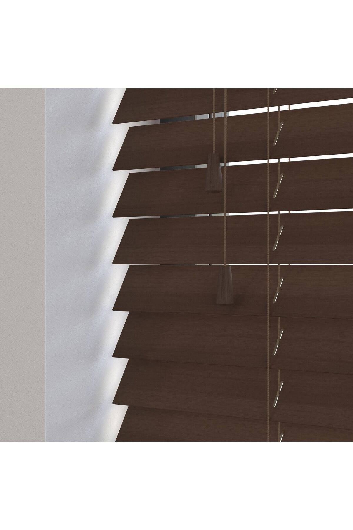 Merdiven İpli %100 Ahşap Jaluzi Perde Koyu Kahverengi